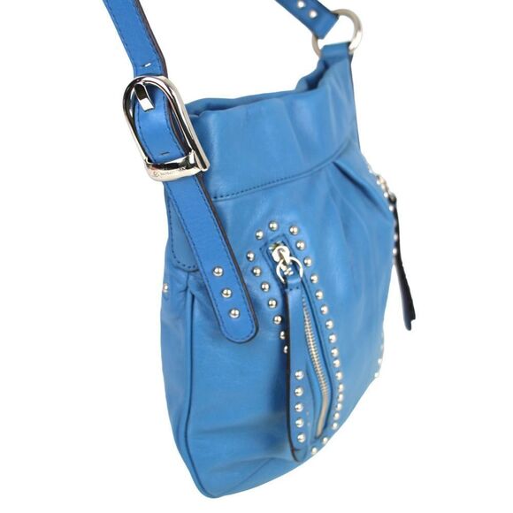 B.Makowsky BLUE GENUINE LEATHER STUDDED ZIP POCKET CROSSBODY SHOULDER BAG PURSE - Picture 3 of 16